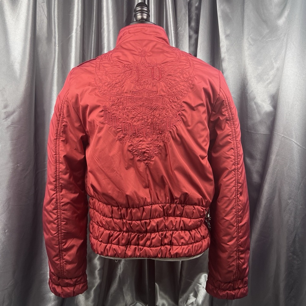 Harley Davidson Women's S Puffer Jacket‎ Dark Red Full Zip Embroidered Biker Y2K